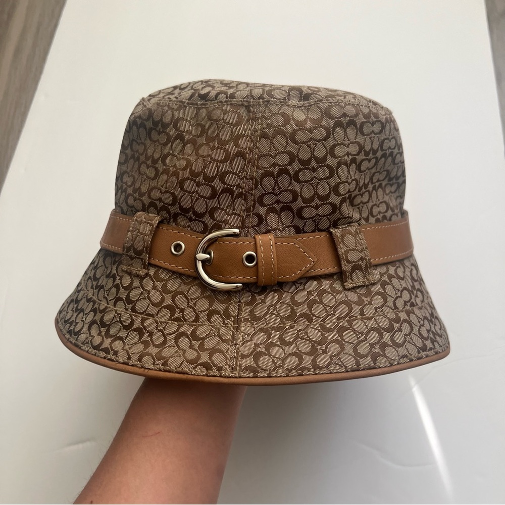 Coach Tan Monogram Bucket Hat with Leather Band